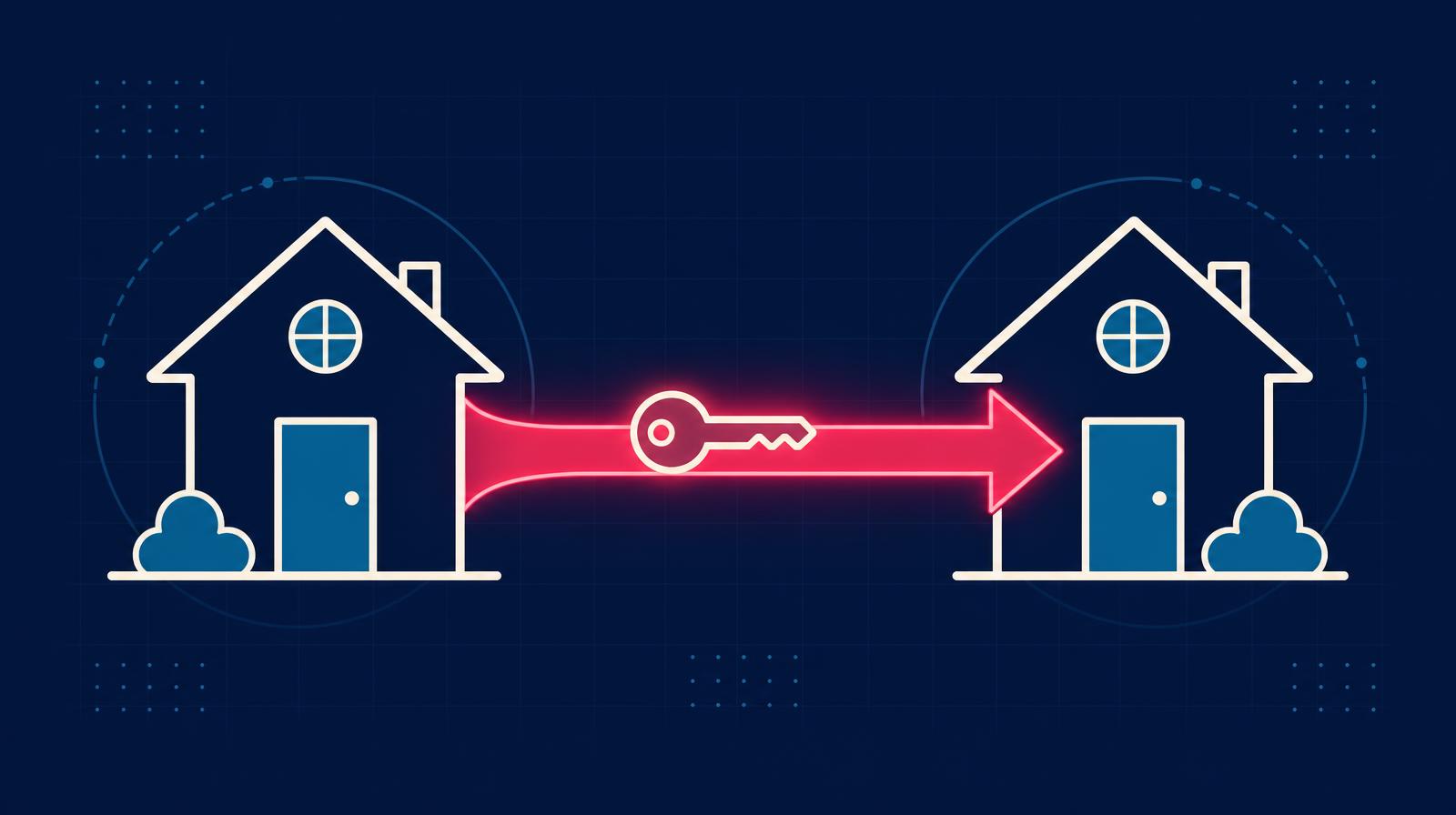 Illustration of a house key being handed from one hand to another beside a shield symbol