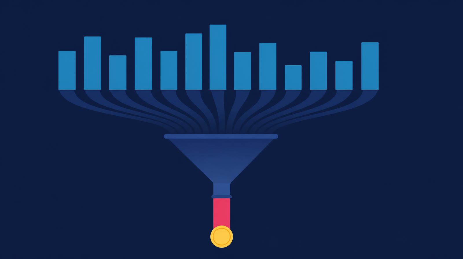 Illustration of twelve monthly deposit bars flowing through a funnel into one qualifying income figure
