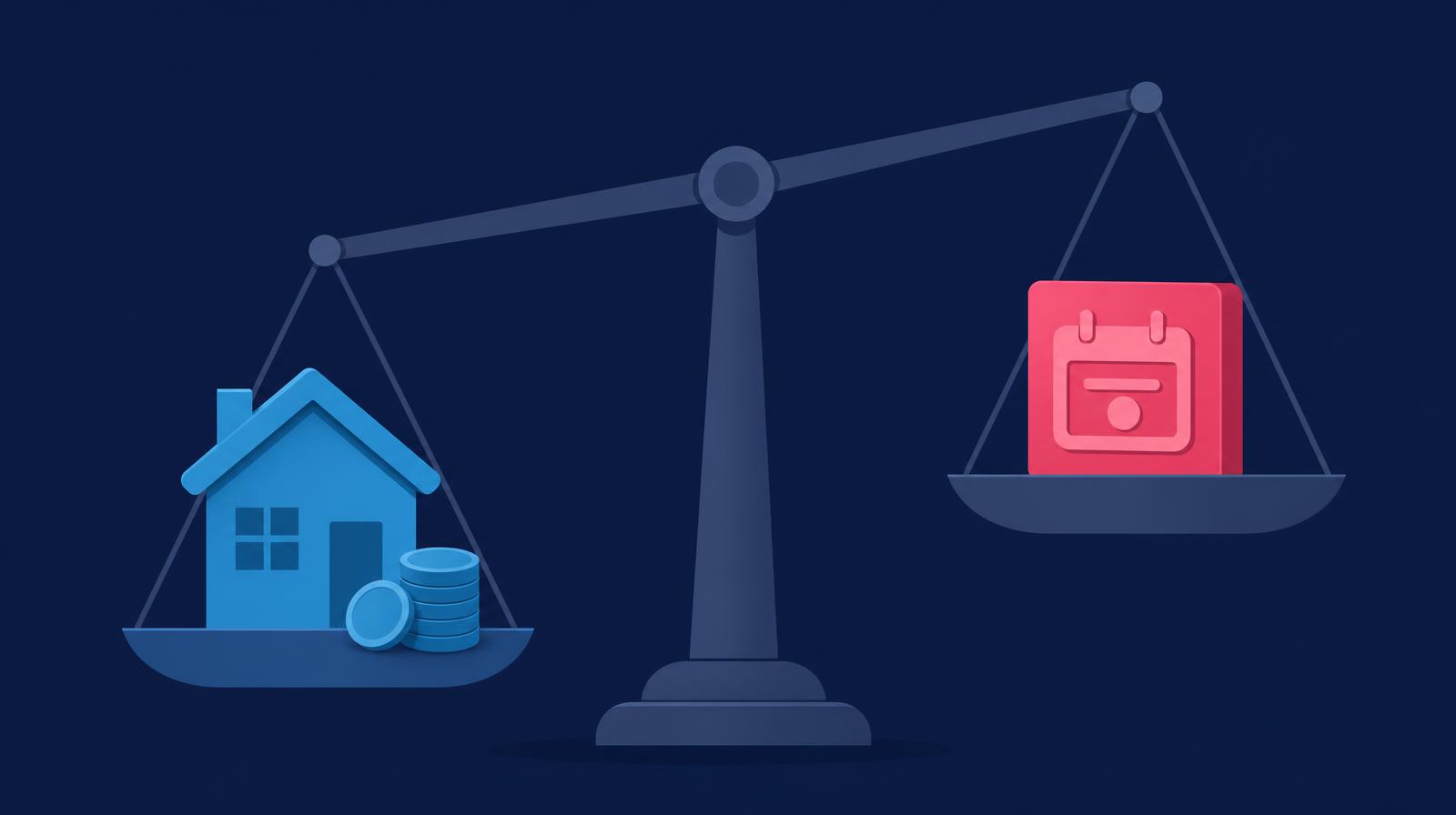 Illustration of a balance scale weighing a rental house with income against a loan payment