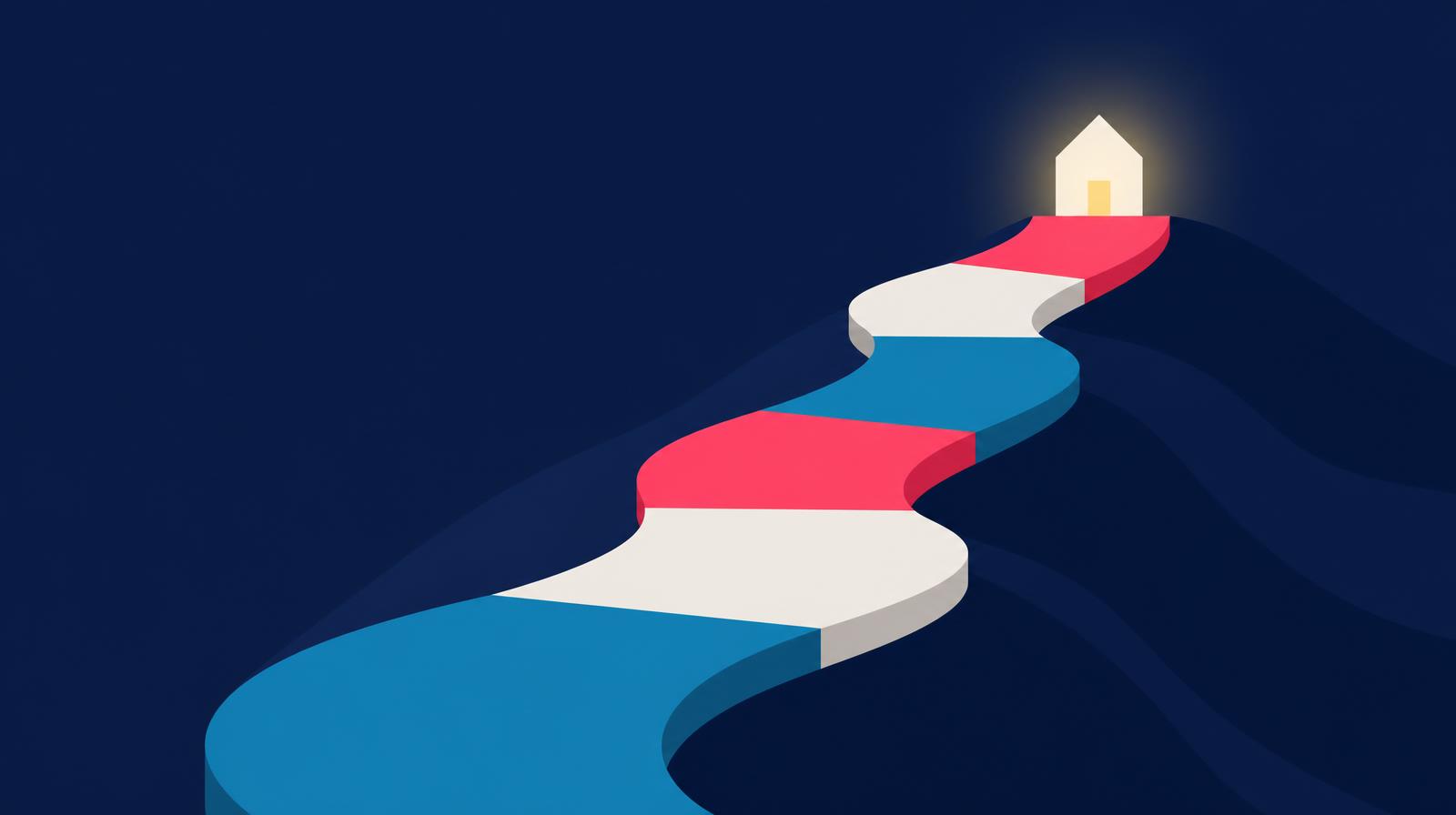 Illustration of a winding six-step road leading up to a small glowing house