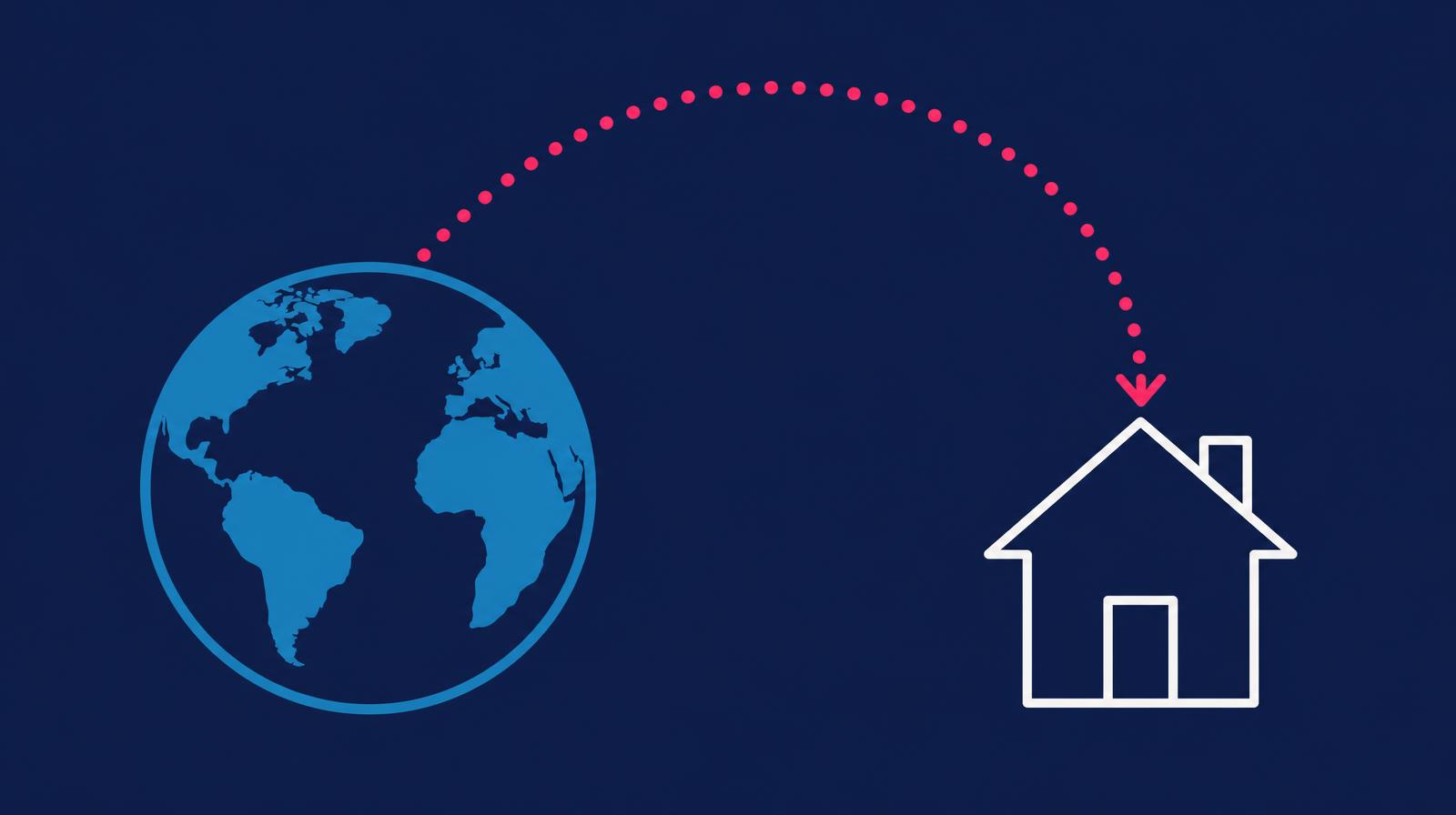 Illustration of a globe with a dotted arrow landing on a house