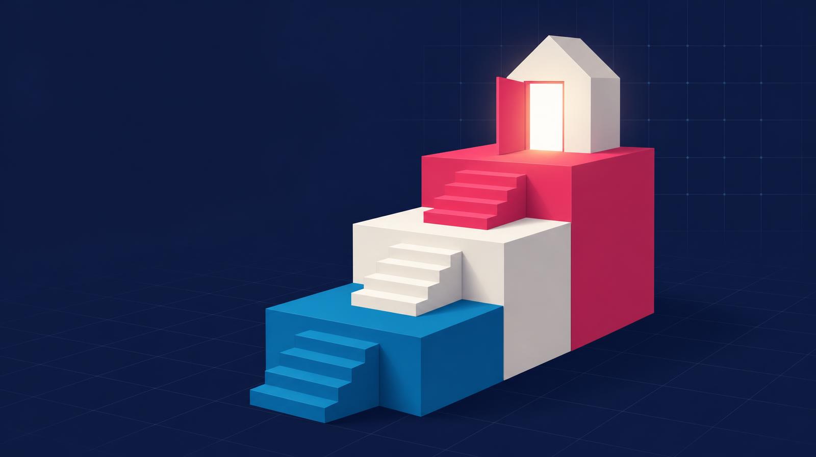 Illustration of three stacked steps leading up to a glowing house with an open door
