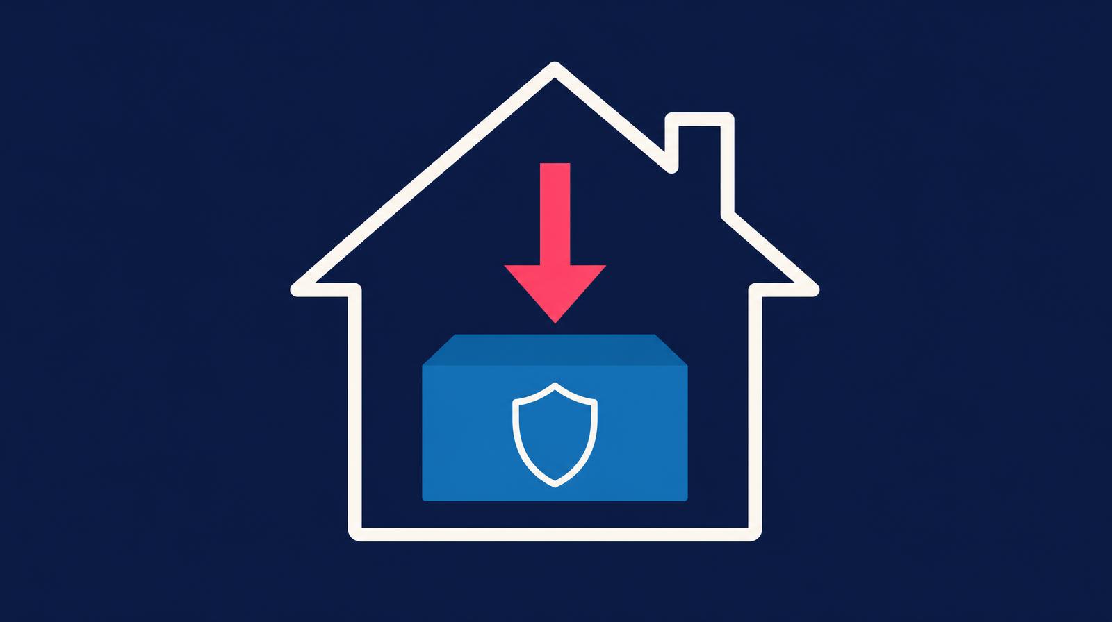 Illustration of a house with a downward arrow lowering a block that carries a shield icon, representing a property tax exemption